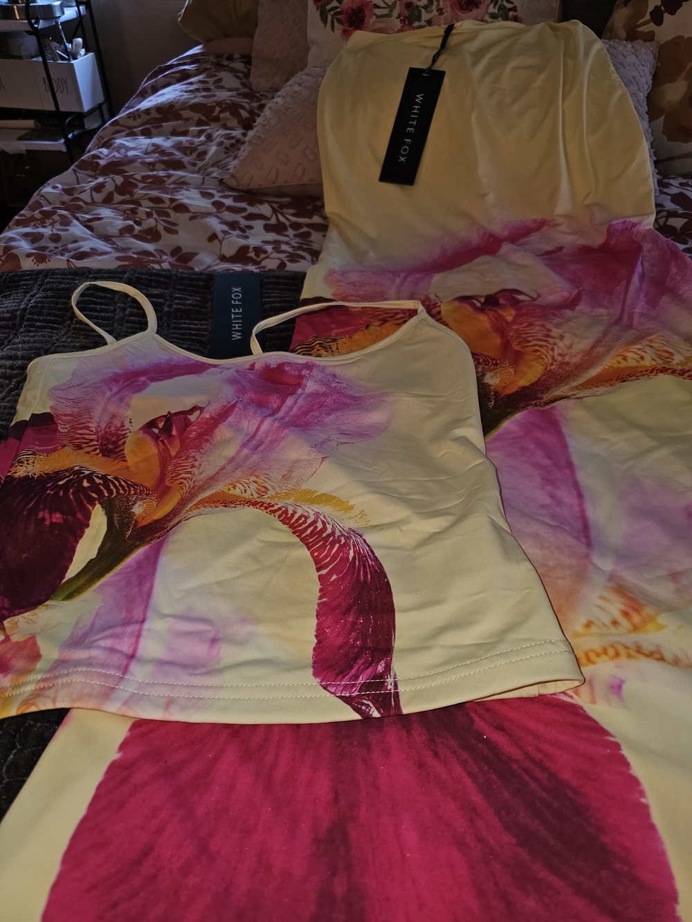 White Fox Boutique Yellow Maxi Dress with Pink Floral Print